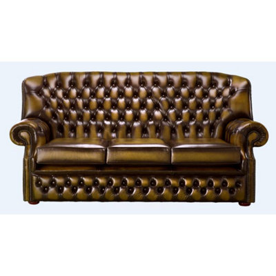 Chesterfield 3 Seater Antique Gold Leather Sofa Bespoke In Monks Style - image 1