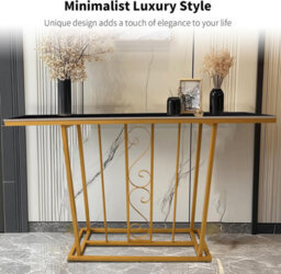 Xample Large Marble Effect Sintered Stone With Metal Frame Free Standing Console Table Hallway Entrance Furniture 120 Cm (Black/gold) - thumbnail 2