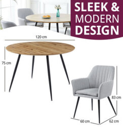 Hallowood Furniture Cullompton Large Round Dining Table With Light Oak Effect Top (120Cm) With 4 Grey Fabric Chairs - thumbnail 3
