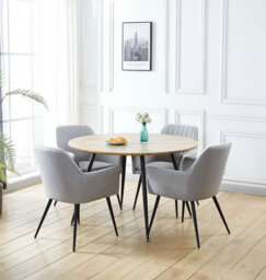 Hallowood Furniture Cullompton Large Round Dining Table With Light Oak Effect Top (120Cm) With 4 Grey Fabric Chairs