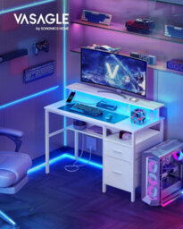 Vasagle Computer Desk With Fabric Drawers, Study Desk With Monitor Stand, Led Lighting, 55 X 120 X 90 Cm, Built-In Power Outlets