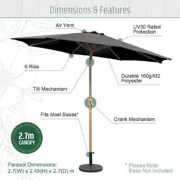 Gardenkraft 2.7M Outdoor Wooden Effect Parasol - Charcoal - thumbnail 4