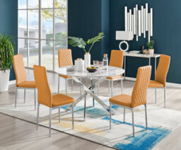 Furniturebox Novara White Marble Effect 120Cm Round Dining Table With Chrome Starburst Legs & 6 Mustard Faux Leather Milan Chairs
