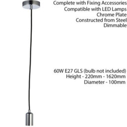 Hanging Ceiling Pendant Light & Rose Kit Chrome Steel Industrial Adjustable Lamp - thumbnail 2