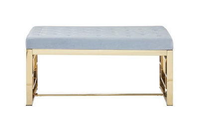 Orsina Luxe Powder Grey Tufted Bench, Soft Velvet Upholstery With Button Detailing, Gold Finish Stainless Steel Base - image 1