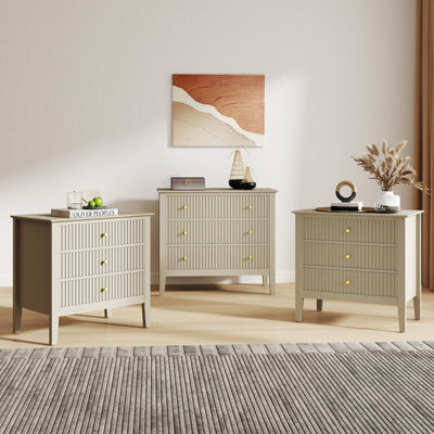 Melody Maison Wide 3 Drawer Chest Of Drawers And Pair Of Large Bedside Tables - Hales Taupe Range - image 1
