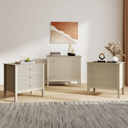 Melody Maison Wide 3 Drawer Chest Of Drawers And Pair Of Large Bedside Tables - Hales Taupe Range