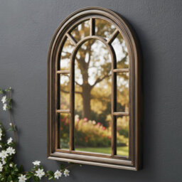 Deenz Arched Top Window Style Wall Hanging Mirror Black Gold Antique Plastic Frame Rustic Vintage Outdoor Déco Glass Panel 70X50Cm - thumbnail 3