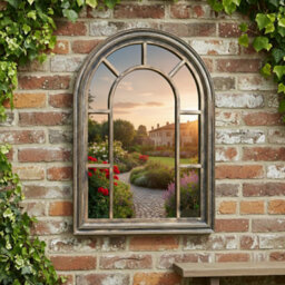 Deenz Arched Top Window Style Wall Hanging Mirror Black Gold Antique Plastic Frame Rustic Vintage Outdoor Déco Glass Panel 70X50Cm