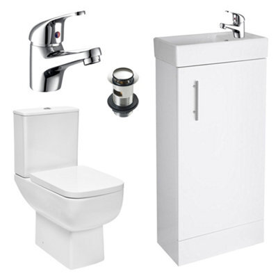 FNX Bathrooms Bubly 400mm Gloss White Freestanding Vanity Unit, Basin, Close Coupled Dual Flush Toilet & Chrome Tap Set - image 1