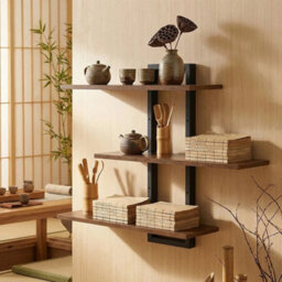 3-Tier Floating Wall Shelves Handmade Display Shelves Metal Brackets Solid Wood - thumbnail 4