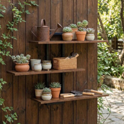 3-Tier Floating Wall Shelves Handmade Display Shelves Metal Brackets Solid Wood - thumbnail 5