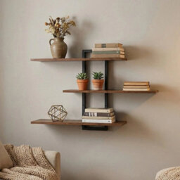 3-Tier Floating Wall Shelves Handmade Display Shelves Metal Brackets Solid Wood - thumbnail 6