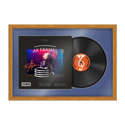 "AK Frames 25X17"" Oak Classic Vinyl Record Frame With Blue Mount For 12 Inch Lp Cover & Disc - Overlapped Design"