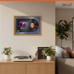"AK Frames 25X17"" Oak Classic Vinyl Record Frame With Blue Mount For 12 Inch Lp Cover & Disc - Overlapped Design" - thumbnail 5