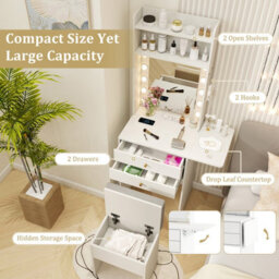 Costway Slim Makeup Vanity Desk Dressing Table Set With Mirror And Lights-White - thumbnail 9