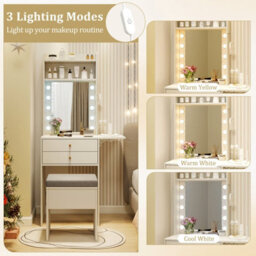 Costway Slim Makeup Vanity Desk Dressing Table Set With Mirror And Lights-White - thumbnail 6