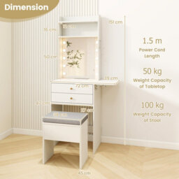 Costway Slim Makeup Vanity Desk Dressing Table Set With Mirror And Lights-White - thumbnail 3