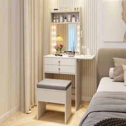 Costway Slim Makeup Vanity Desk Dressing Table Set With Mirror And Lights-White