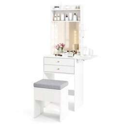 Costway Slim Makeup Vanity Desk Dressing Table Set With Mirror And Lights-White - thumbnail 2