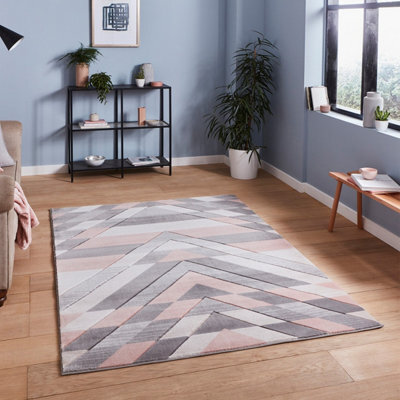 Grey Rose Geometric Abstract Easy To Clean Rug For Diningroom-80Cm X 150Cm - image 1