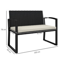 Outsunny 2 Seater Rattan Garden Bench With Cushion, Steel Frame, Black - thumbnail 3