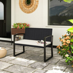 Outsunny 2 Seater Rattan Garden Bench With Cushion, Steel Frame, Black