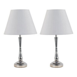 Set Of 2 Chrome Table Lamp Bedside Light Stem Detail Ivory Shades - thumbnail 1
