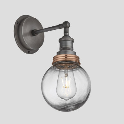 Industville Brooklyn Outdoor & Bathroom Wall Light, Pewter Holder, Copper Ring, Globe Glass - image 1