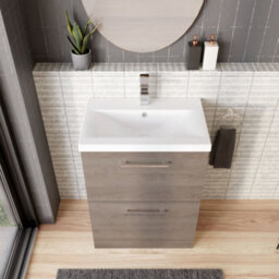 Balterley Contemporary Bathroom Floor Standing 2-Drawer Vanity Unit & Mid-Edge Ceramic Basin, Solace Oak, 600 mm - thumbnail 3