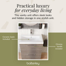 Balterley Contemporary Bathroom Floor Standing 2-Drawer Vanity Unit & Mid-Edge Ceramic Basin, Solace Oak, 600 mm - thumbnail 7