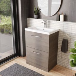 Balterley Contemporary Bathroom Floor Standing 2-Drawer Vanity Unit & Mid-Edge Ceramic Basin, Solace Oak, 600 mm - thumbnail 4