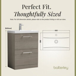 Balterley Contemporary Bathroom Floor Standing 2-Drawer Vanity Unit & Mid-Edge Ceramic Basin, Solace Oak, 600 mm - thumbnail 5