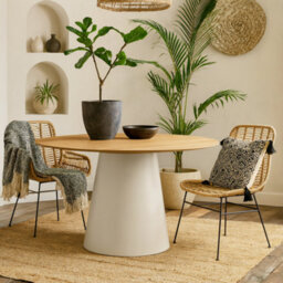 Wyld Haus Hamburg 120Cm Round Oak Veneer Dining Table With Grey Steel Pillar Base