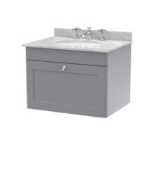 Balterley Swynnerton Traditional 1 Drawer Wall Hung Vanity Unit With Marble Basin, Satin Grey, 600mm - thumbnail 1