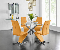 Furniturebox Uk Novara Chrome Metal And Glass Large Round Dining Table And 4 Mustard Willow Chairs Set