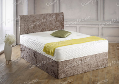 Comfy Deluxe 4Ft6 Double Brown Crushed Velvet Divan Bed Set With Memory Mattress And Headboard 4 Drawers