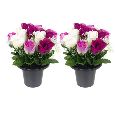 Urbn-Living Purple & White Rosebud Set Of 2 Artificial Silk Flower Grave Pot Memorial Arrangement Graveside Cemetery - image 1