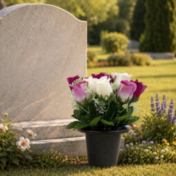 Urbn-Living Purple & White Rosebud Set Of 2 Artificial Silk Flower Grave Pot Memorial Arrangement Graveside Cemetery - thumbnail 2