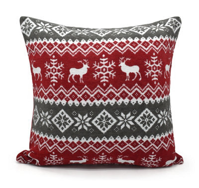 Velosso Festive Design Red/grey Cotton Chenille Cushion, Zip Closure, Machine Washable - Multicolour