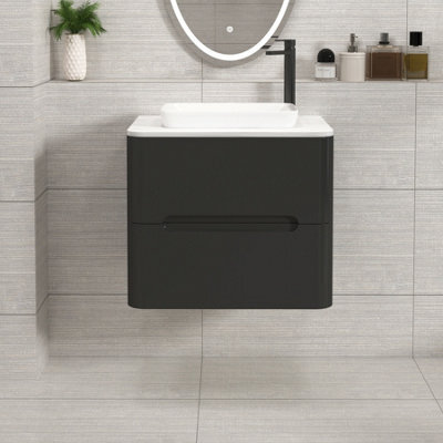 Royal Bathrooms Venice 600mm Matt Nocturne Black Wall Mounted Bathroom Countertop Vanity Unit 2 Drawer With Qubix Basin - image 1