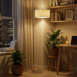 Homcom Floor Lamp, Modern Standing Lamp With Linen Lampshade, Silver Tone