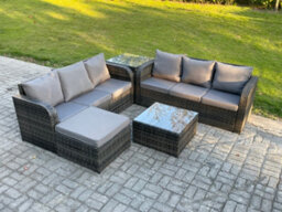 Fimous Indoor Outdoor Rattan Garden Furniture 7 Seater Set Table Sofa Chair Patio Conservatory With Grey Cushions Big Footstool - thumbnail 2