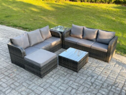 Fimous Indoor Outdoor Rattan Garden Furniture 7 Seater Set Table Sofa Chair Patio Conservatory With Grey Cushions Big Footstool - thumbnail 1