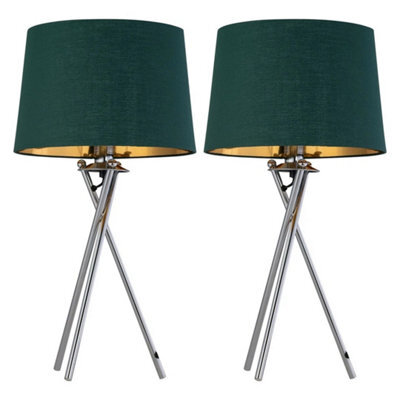 Modern Set Of 2 Tripod Chrome Table Lamp Bedside Lights Green & Gold Shade - image 1