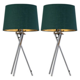 Modern Set Of 2 Tripod Chrome Table Lamp Bedside Lights Green & Gold Shade - thumbnail 1