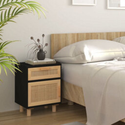 Berkfield Bedside Cabinets 2 Pcs Black Solid Wood Pine And Natural Rattan - thumbnail 3
