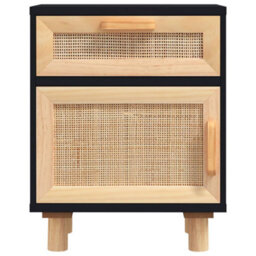 Berkfield Bedside Cabinets 2 Pcs Black Solid Wood Pine And Natural Rattan - thumbnail 5