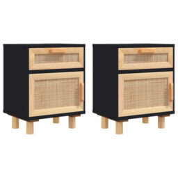 Berkfield Bedside Cabinets 2 Pcs Black Solid Wood Pine And Natural Rattan - thumbnail 2