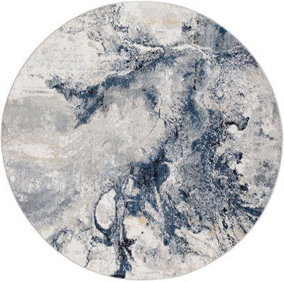 Livabliss Round Jolie-Abstract Blue Grey Beige Black Modern Marble Living Dining Bedroom Rug 200 X 200 Cm Easy Care, Non Shedding - image 1